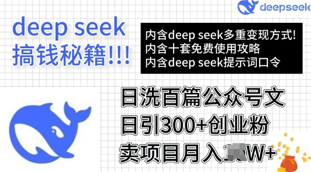 用DeepSeek日洗百篇公众号文章，轻松日引300+创业粉，卖项目月入过W-小白网创