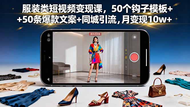 服装类短视频变现课，50个钩子模板+50条爆款文案+同城引流，月变现10w+-小白网创