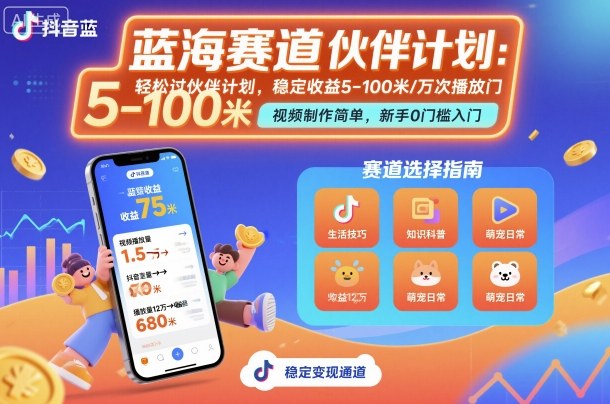 抖音蓝海赛道，轻松过伙伴计划，视频制作简单，万次播放收益在5-100米，稳定收益-小白网创