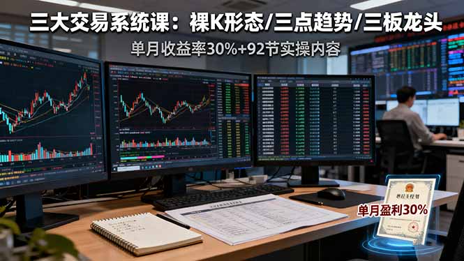 三大交易系统课：裸K形态/三点趋势/三板体系，单月收益率30%+92节实操内容-小白网创