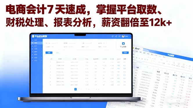 电商会计7天速成，掌握平台取数、财税处理、报表分析，薪资翻倍至12k+-小白网创