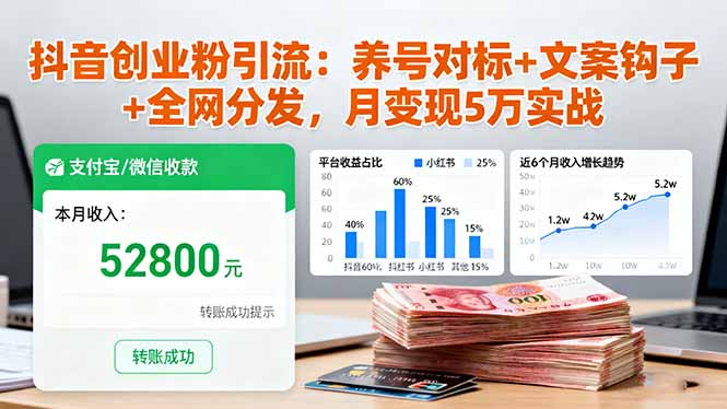 抖音创业粉引流：养号对标+文案钩子+全网分发，月变现5万实战-小白网创