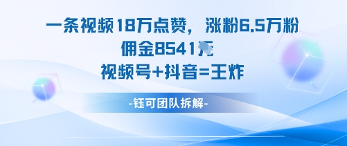 一条视频18W点赞，涨粉6.5W粉佣金8541米，视频号+抖音=王炸-小白网创